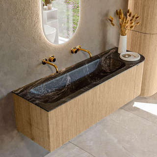 MONDIAZ KURVE-DLUX 145cm badmeubel met module 25 R kleur Oak met 1 lade en 1 deur. Wastafel BIG LARGE links zonder kraangat kleur Lava.