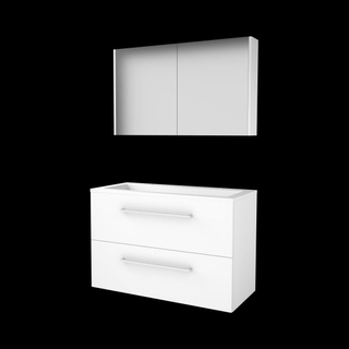 Basic-Line Comfort 46 ensemble de meubles de salle de bain 100x46cm avec poignées 2 tiroirs lavabo acrylique 2 trous de robinetterie armoire de toilette mdf laqué blanc glacier