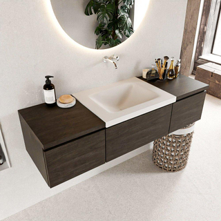 MONDIAZ BUKLA 140cm badmeubel met module 40 kleur Dark Brown met 3 lades. Wastafel CLOUD midden 0 kraangaten kleur Talc.