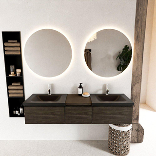 Mondiaz bukla ensemble de meubles de bain 160x45x34cm 2 robinets 2 lavabos surface solide urbaine sans poignée 3 tiroirs avec softclose mélamine marron foncé