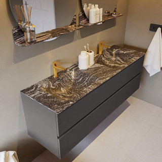 Mondiaz VICA-DLUX ensemble de meuble de salle de bain - 150cm - meuble sous-vasque gris foncé - 2 tiroirs - lavabo encastré nuage double - 2 trous de robinet - version haute de 60cm - lave