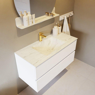 Mondiaz VICA-DLUX ensemble de meuble de salle de bain - 100cm - meuble sous-vasque talc - 2 tiroirs - lavabo encastré cloud milieu - 1 trou de robinet - version haute de 60cm - opalo