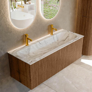 MONDIAZ KURVE-DLUX 120cm Meuble salle de bain - couleur Walnut - 1 tiroir - vasque BIG LARGE centre - 2 trous de robinet - couleur Glace