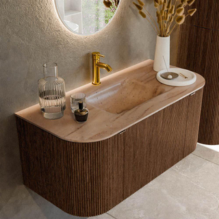 MONDIAZ KURVE-DLUX 100cm badmeubel ronding Links + Rechts kleur Walnut met 1 lade en 2 deuren. Wastafel GRUNNE Midden 1 kraangat Saba.