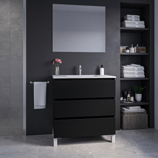 Adema Chaci PLUS Ensemble de meuble - 79.5x86x45.9cm - 1 vasque rectangulaire en céramique Blanc - 1 trou de robinet - 3 tiroirs - miroir rectangulaire - Noir mat