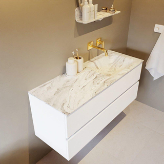 Mondiaz VICA-DLUX Ensemble de meuble de salle de bain - 120cm - meuble sous-vasque talc - 2 tiroirs - lavabo encastré cloud droite - sans trous de robinet - version haute de 60cm - glace