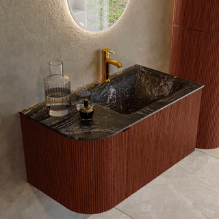 Mondiaz KURVE-DLUX Ensemble de meuble salle de bain - 85x46x40cm - 1 tiroir - 1 porte - lavabo en solid surface - droite - 1 trou de robinet - Ruby