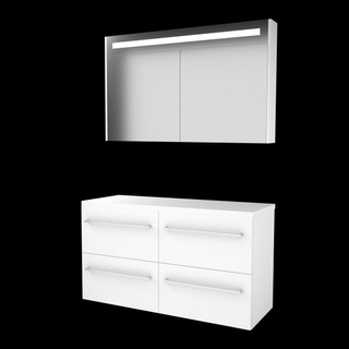 Basic-Line Premium 46 ensemble de meubles de salle de bain 120x46cm avec poignées 4 tiroirs plan vasque armoire de toilette éclairage led intégré mdf laqué blanc glacier