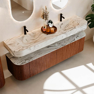 MONDIAZ THOR-DLUX Meuble de salle de bains 180cm arrondi gauche + droite couleur Ruby avec 2 tiroirs et 2 portes. Vasque suspendue CLOUD Double 2 trous de robinet couleur Glace.