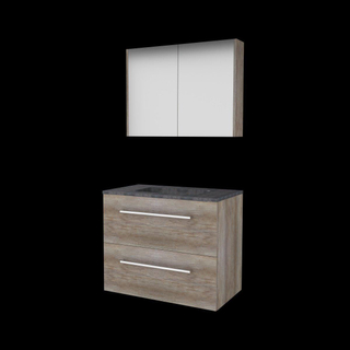 Basic-Line Comfort 46 ensemble de meubles de salle de bain 80x46cm avec poignées 2 tiroirs lavabo en pierre dure 0 trous de robinetterie armoire de toilette mfc scotch oak