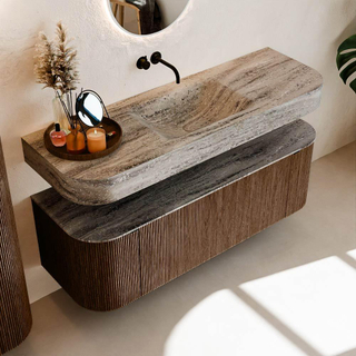 MONDIAZ THOR-DLUX 140cm badmeubel ronding links + rechts kleur Walnut met 1 lade en 2 deuren. Vrijhangende wastafel CLOUD Midden zonder kraangat kleur Oza.