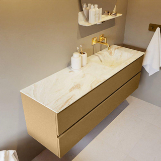 Mondiaz VICA-DLUX ensemble de meuble de salle de bain - 150cm - meuble sous-vasque oro - 2 tiroirs - lavabo encastré cloud droite - sans trous de robinet - version haute de 60cm - frape