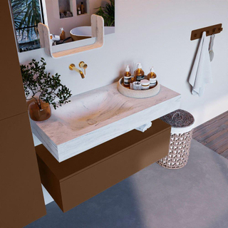 Mondiaz ALAN-DLUX Ensemble de meuble - 100cm - meuble Rust mat - 1 tiroir - Lavabo Cloud Opalo suspendu - vasque Gauche - 0 trous de robinet