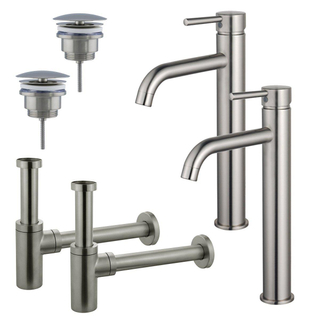 FortiFura Calvi Kit robinet lavabo - pour double vasque - robinet rehaussé - bonde non-obturable - siphon design - Inox brossé PVD