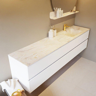 Mondiaz VICA-DLUX ensemble de meuble de salle de bain - 200cm - meuble sous-vasque talc - 4 tiroirs - lavabo encastré cloud droite - 1 trou de robinet - version haute de 60cm - ostra