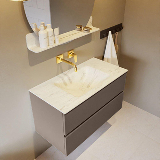 Mondiaz VICA-DLUX ensemble de meuble de salle de bain - 90cm - meuble sous-vasque fumée - 2 tiroirs - lavabo encastré nuage milieu - sans trous de robinet - version haute 60cm - opalo