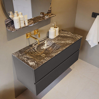 Mondiaz VICA-DLUX ensemble de meuble de salle de bain - 110cm - meuble sous-vasque gris foncé - 2 tiroirs - lavabo encastré cloud gauche - sans trous de robinet - miroir modèle spot - version XL 60cm de haut - lave