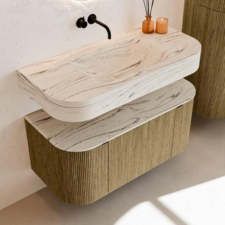 MONDIAZ THOR-DLUX 100cm meuble de salle de bains arrondi gauche + droite couleur Dusk avec 1 tiroir et 2 portes. Vasque suspendue CLOUD Milieu sans trou de robinet couleur Nata.