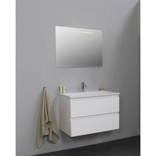 Basic Bella Meuble lavabo acrylique avec 1 trou de robinet avec miroir avec éclairage 80x55x46cm Flat Pack Blanc haute-brillance