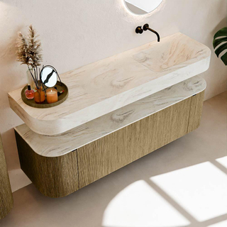 MONDIAZ THOR-DLUX 160cm meuble de salle de bains arrondi gauche + droite couleur Dusk avec 1 tiroir et 2 portes. Vasque suspendue CLOUD Droite sans trou de robinet couleur Ostra.