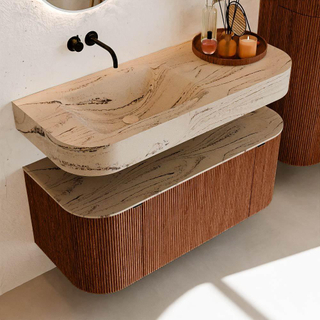 MONDIAZ THOR-DLUX 110cm meuble de salle de bains arrondi gauche + droite couleur Ruby avec 1 tiroir et 2 portes. Vasque suspendue CLOUD gauche sans trou de robinet couleur Arena.