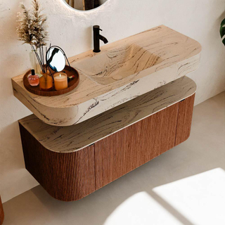 MONDIAZ THOR-DLUX 120cm meuble de salle de bains arrondi gauche + droite couleur Ruby avec 1 tiroir et 2 portes. Vasque suspendue CLOUD Milieu 1 trou de robinet couleur Arena.