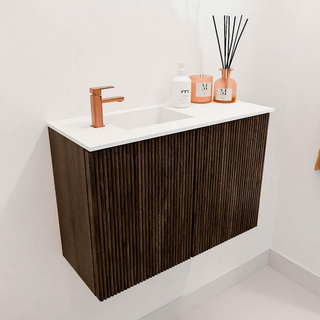 Mondiaz JOYA 60cm toiletmeubel - kleur Walnut - Wastafel FAYE positie Links 1 kraangat kleur Talc.
