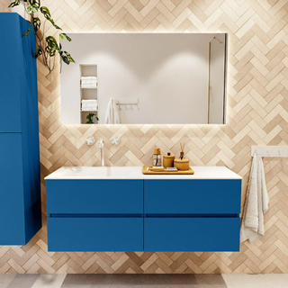 Mondiaz VICA ensemble de meuble de salle de bain - 130cm - meuble sous-vasque jeans - 4 tiroirs - lavabo cloud gauche - 1 trou de robinet - couleur talc - miroir LED - version XL 60cm de haut