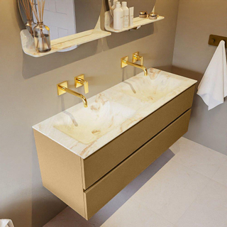 Mondiaz VICA-DLUX ensemble de meuble de salle de bain - 130cm - meuble sous-vasque oro - 2 tiroirs - lavabo encastré cloud double - sans trous de robinet - version haute de 60cm - frape