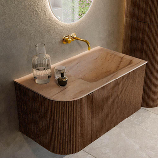 MONDIAZ KURVE-DLUX 85cm badmeubel ronding Links kleur Walnut met 1 lade en 1 deur. Wastafel CLOUD Rechts zonder kraangat Saba.