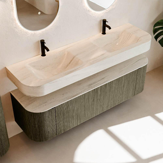 MONDIAZ THOR-DLUX 160cm meuble de salle de bains arrondi gauche + droite couleur Shadow avec 1 tiroir et 2 portes. Vasque suspendue CLOUD Double 2 trous de robinet couleur Meli.