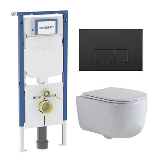 QeramiQ Dely Swirl Toiletset - 36.3x51.7cm - Geberit UP720 Duofix Sigma inbouwreservoir - slim zitting - mat zwarte metalen bedieningsplaat - rechthoekige knoppen - wit glans
