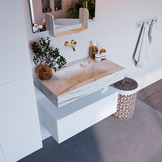 Mondiaz ALAN-DLUX Ensemble de meuble - 80cm - meuble Talc mat - 1 tiroir - Lavabo Cloud Frappe suspendu - vasque Centre - 0 trous de robinet