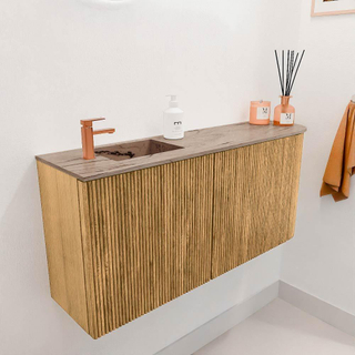 Mondiaz JOYA-DLUX 91.6cm toiletmeubel - ronding rechts kleur Oak - Wastafel FAYE positie Links 1 kraangat kleur Arena.