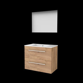 Basic-Line Ultimate 46 ensemble de meubles de salle de bain 80x46cm avec poignées 2 tiroirs lavabo en porcelaine 1 trou de robinetterie miroir éclairage mfc whisky oak