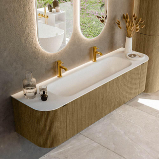 Mondiaz KURVE Badkamermeubelset - 170x46x40cm - 1 lade - 2 deuren - wastafel solid surface - midden - 2 kraangaten - Dusk