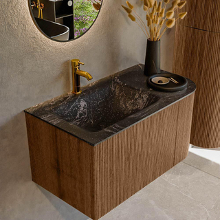 MONDIAZ KURVE-DLUX 85cm Meuble salle de bain avec module 25 D - couleur Walnut - 1 tiroir - 1 porte - vasque CLOUD gauche - 1 trou de robinet - couleur Lava