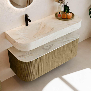 MONDIAZ THOR-DLUX Meuble de salle de bains 120cm arrondi gauche + droite couleur Dusk avec 1 tiroir et 2 portes. Vasque suspendue CLOUD Gauche 1 trou de robinet couleur Ostra.