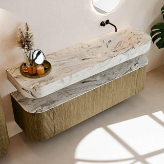 MONDIAZ THOR-DLUX Meuble de salle de bains - 170cm - arrondi gauche + droite - couleur Dusk - 1 tiroir - 2 portes - Vasque suspendue CLOUD droite sans trou de robinet - couleur Glace