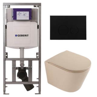 QeramiQ Dely Pack WC - 36,3x51,7cm - à fond creux - sans bride - réservoir encastré Geberit UP320 - abattant WC à fermeture douce - plaque de commande en plastique noir mat - boutons ronds - beige mat