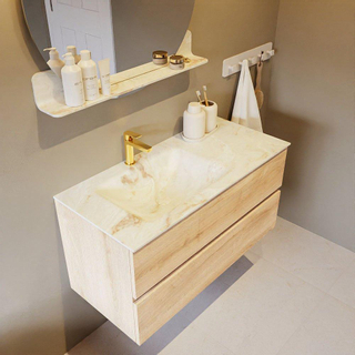 Mondiaz VICA-DLUX Ensemble de meuble de salle de bain - 100cm - meuble sous-vasque chêne blanchi - 2 tiroirs - lavabo encastré cloud gauche - 1 trou de robinet - version haute de 60cm - frape