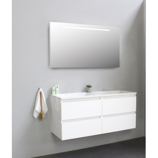 Basic Bella Badkamermeubelset - 120x55x46cm - 2 wasbakken - Acryl - Wit - 0 kraangaten - Wandspiegel met verlichting - Melamine Wit hoogglans