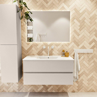 Mondiaz VICA ensemble de meuble de salle de bain - 100cm - meuble sous-vasque lin - 2 tiroirs - lavabo denia milieu - 1 trou de robinet - couleur Blanc Brillant - miroir LED - version XL 60cm haut