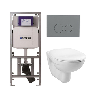 Adema Classico toiletset bestaande uit inbouwreservoir en toiletpot, basic toiletzitting en bedieningsplaat licht grijs - ronde knoppen - wit