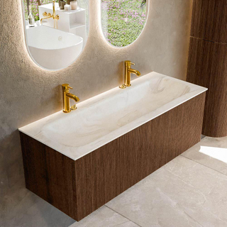 MONDIAZ KURVE-DLUX 120cm badmeubel kleur Walnut met 1 lade. Wastafel BIG LARGE midden 2 kraangaten kleur Ostra.