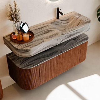 MONDIAZ THOR-DLUX 130cm meuble de salle de bains arrondi gauche + droite couleur Ruby avec 1 tiroir et 2 portes. Vasque suspendue CLOUD droite 1 trou de robinet couleur Sombra.