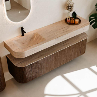 MONDIAZ THOR-DLUX 170cm meuble de salle de bains arrondi gauche + droite couleur Walnut avec 1 tiroir et 2 portes. Vasque suspendue CLOUD Gauche 1 trou de robinet couleur Saba.