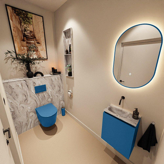 MONDIAZ TURE-DLUX Meuble toilette - 40cm - Jeans - EDEN - vasque Glace - position gauche - sans trou de robinet