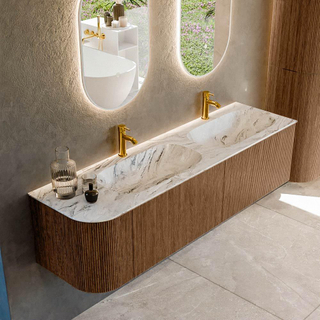 MONDIAZ KURVE-DLUX 165cm Meuble salle de bain avec module 25 G - couleur Walnut - 2 tiroirs - 1 porte - vasque STOR SMALL double / droite - 2 trous de robinet - couleur Glace