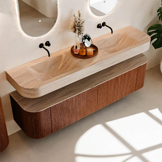 MONDIAZ THOR-DLUX 180cm meuble de salle de bains arrondi gauche + droite couleur Ruby avec 2 tiroirs et 2 portes. Vasque suspendue CLOUD Double sans trou de robinet couleur Saba.